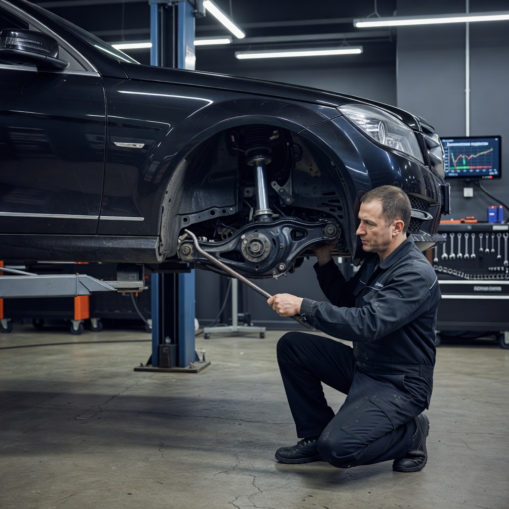 Create a high-quality, relevant image for an article about: Диагностика Mercedes-Benz W204: стуки в передней подвеске на неровностях. Не пиши ничего на фото, либо пишу на русском строго, проверяя все слова