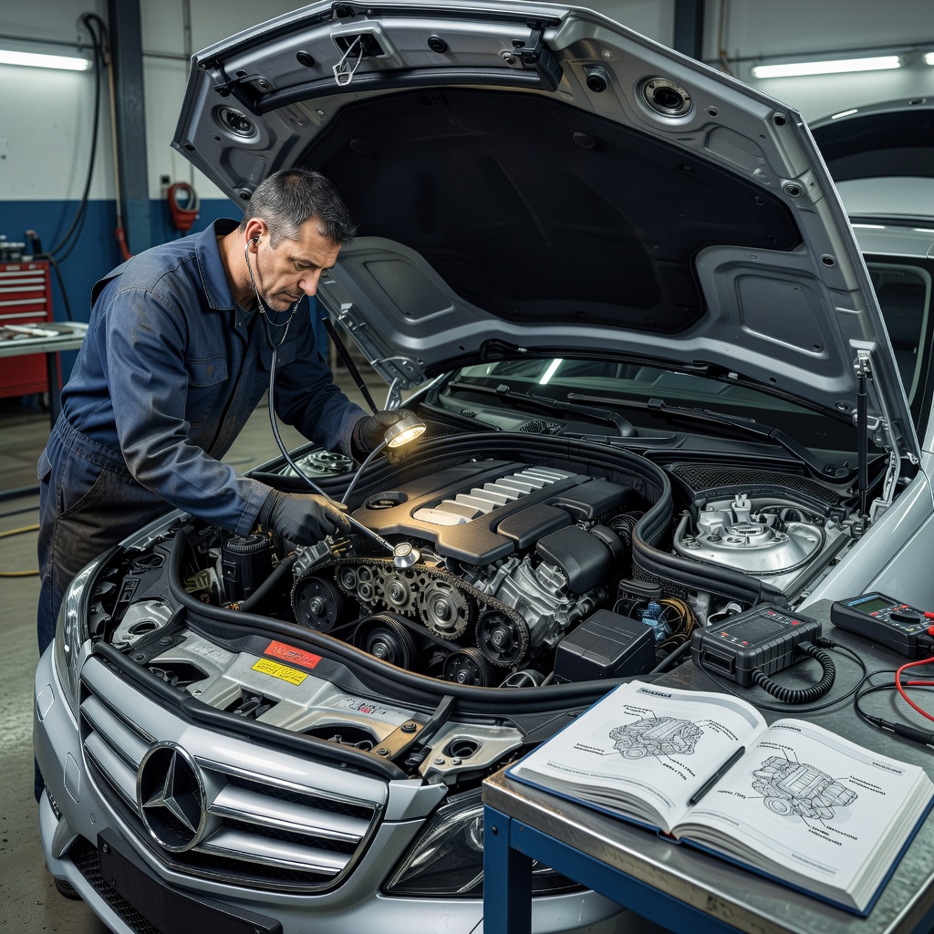 Create a high-quality, relevant image for an article about: Диагностика Mercedes-Benz W212: шумы двигателя M271 и их причины. Не пиши ничего на фото, либо пишу на русском строго, проверяя все слова