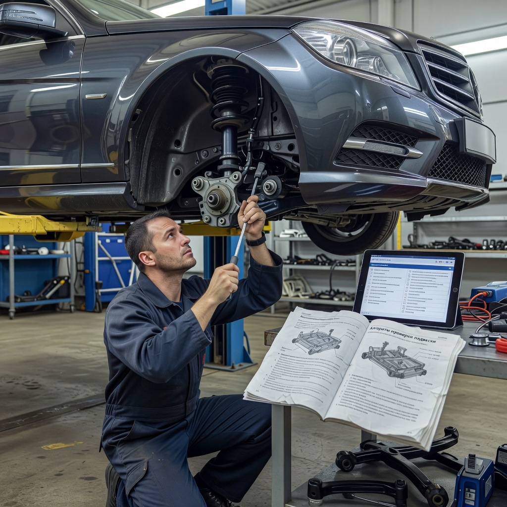 Create a high-quality, relevant image for an article about: Диагностика Mercedes-Benz W204: стук в подвеске и алгоритм проверки. Не пиши ничего на фото, либо пишу на русском строго, проверяя все слова