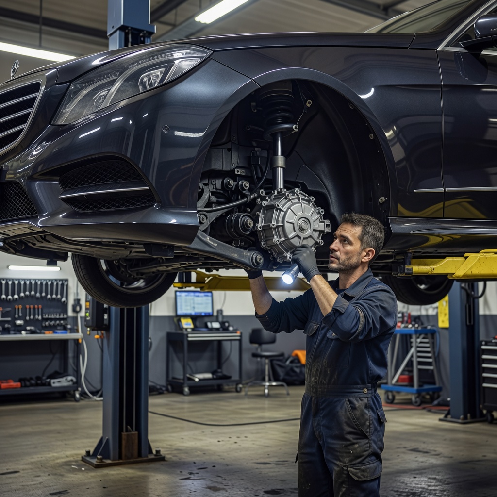 Create a high-quality, relevant image for an article about: Диагностика Mercedes-Benz W212: стуки и шумы подвески 4MATIC. Не пиши ничего на фото, либо пишу на русском строго, проверяя все слова